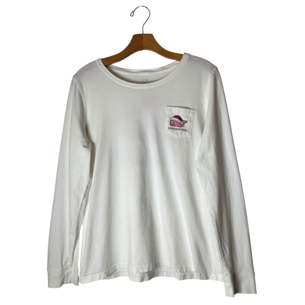 Vineyard Vines Shirt‎ Women Medium White Long Sleeve Christmas Whale Pocket Tee